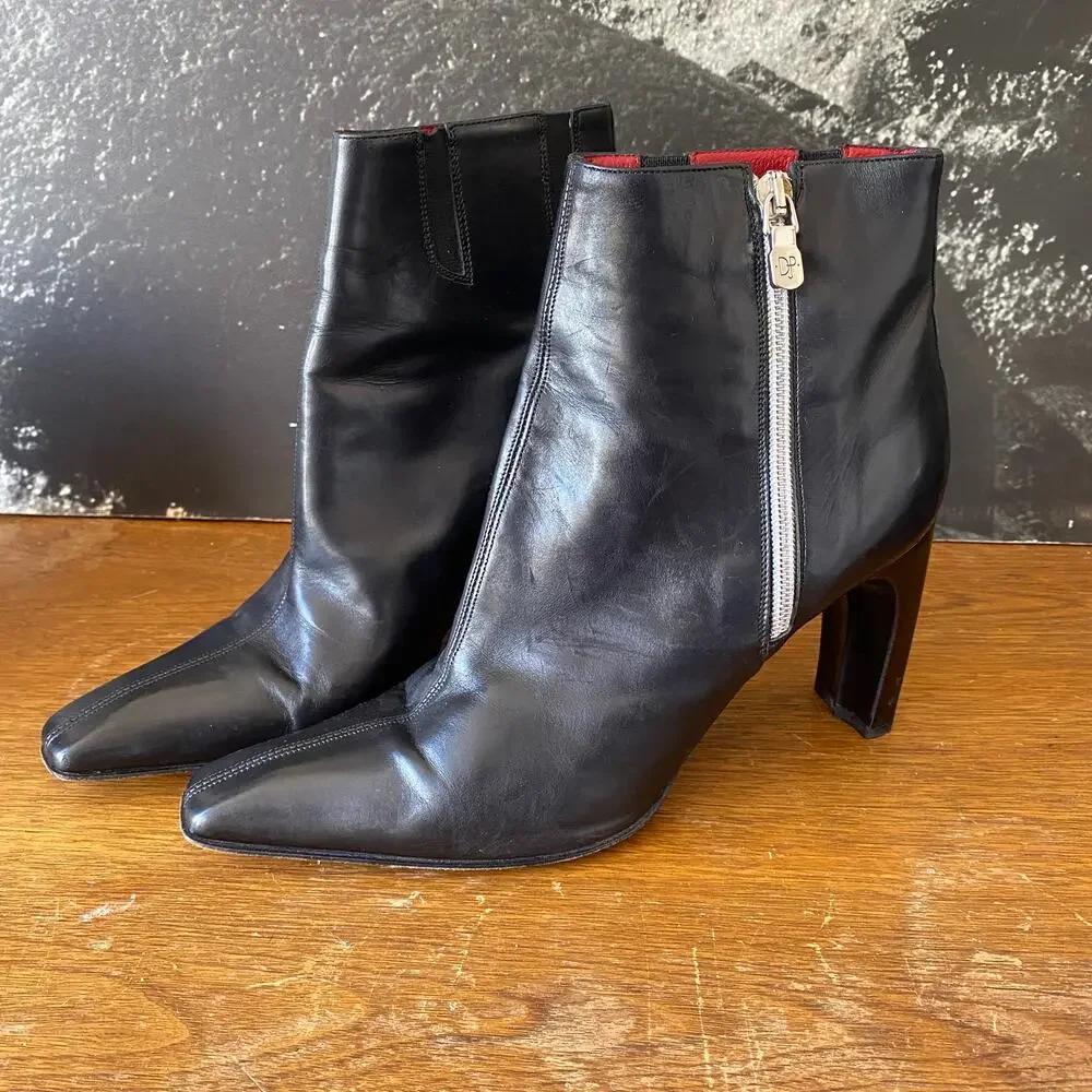 Donald Pliner 8.5M Red Bottom Stiletto Zipper Boots Black Red Leather Square Toe - Picture 1 of 11